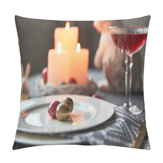 Personality  Selective Focus Of Plates With Eggs, Wine In Crystal Glass, Burning Candles And Decorative Bunnies On Table At Home Pillow Covers