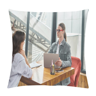 Personality  Two Coworkers Talking About Their Work With Laptop Phone And Papers On Table, Coworking Concept Pillow Covers