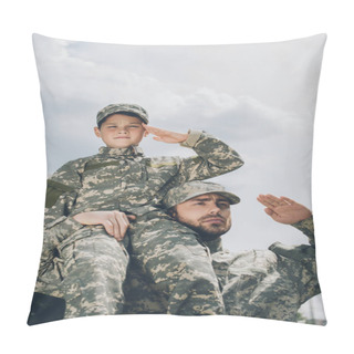 Personality  Low Angle View Of Family In Military Uniform Saluting With Cloudy Sky On Backdrop Pillow Covers