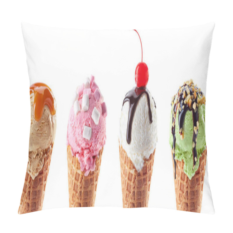 Personality  Set of four various ice cream scoops in waffle cones isolated on white background. Vanilla, caramel, marshmallow and pistachio flavors. pillow covers