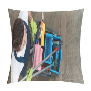 Personality  Top View Of Cleaner In Uniform Carrying Cart With Cleaning Supplies, Panoramic Shot Pillow Covers