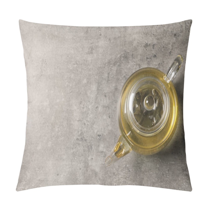 Personality  Glass Teapot With Oolong On Grey Background, Top View. Space For Text Pillow Covers