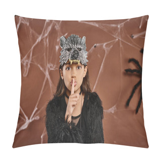 Personality  Close Up Preteen Girl Shushing In Black Outfit With Wolf Mask, Halloween Concept Pillow Covers