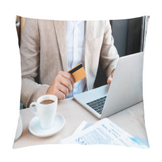 Personality  Cropped View Of Businessman With Credit Card And Laptop In Cafe Pillow Covers