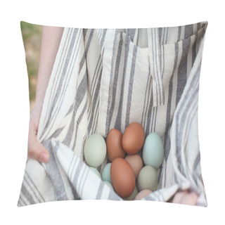 Personality  Close Up Of A Woman's Hands, Holding Organic Colorful Eggs In Her Apron. Selective Focus With Extreme Shallow Depth Of Field And Blurred Background.  Pillow Covers