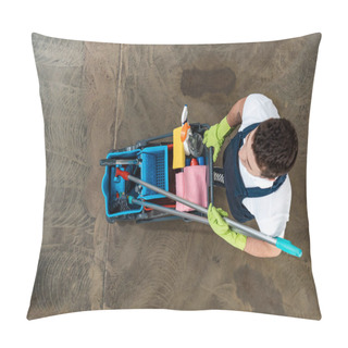 Personality  Top View Of Cleaner In Uniform Carrying Cart With Cleaning Supplies Pillow Covers