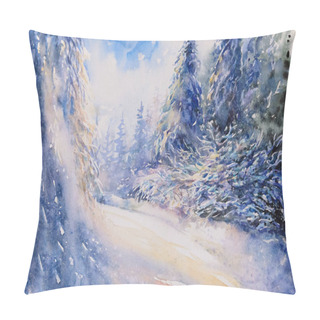Personality  Watercolor Illustration With Winter Scene Of Magic Forest Covered With Snow. Pillow Covers