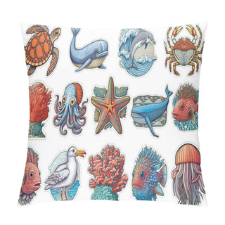 Personality  Set Of Cute Cartoon Stickers With Sea Animals, Icons Underwater Life, Ocean Animals, Wildlife Pillow Covers