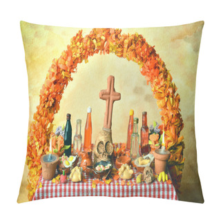 Personality  Day Of The Dead Altar With Pan De Muerto, Cempasuchil Flowers And Candles Pillow Covers