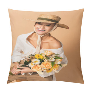 Personality  Joyful Young Woman In Straw Hat Holding Bouquet Of Different Flowers On Beige Pillow Covers