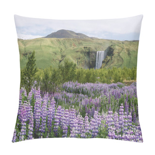 Personality  Skogafoss Waterfall And Blooming Lupine, Iceland Pillow Covers