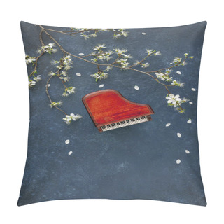 Personality  Miniature Copie Of The Piano With Blossoming Cherry Tree Branches. Top View, Close-up On Classic Blue Background	 Pillow Covers