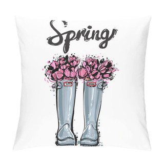 Personality  Rubber Boots With Pink Flowers Pillow Covers