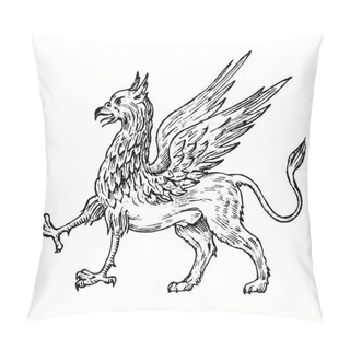 Personality  Mythological Animals. Mythical Antique Griffin. Ancient Birds, Fantastic Creatures In The Old Vintage Style. Engraved Hand Drawn Old Sketch. Pillow Covers