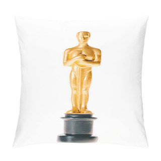 Personality  KYIV, UKRAINE - JANUARY 10, 2019: Golden Oscar Statue Award Isolated On White Pillow Covers