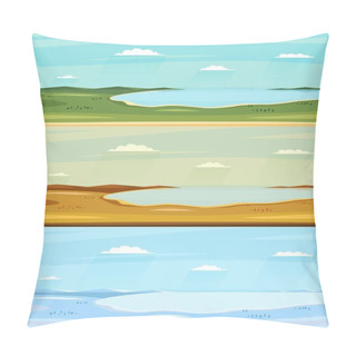 Personality  Set Of Autumn, Winter And Summer Lake Landscapes. Fields, Lake, Sky With Clouds. Pillow Covers