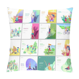 Personality  Landing Page Template With People Running, Riding Bicycles, Man Doing Yoga. People Performing Sports Outdoor Activities At Park Or Nature, Healty Life Style Concept. Cartoon Illustration Pillow Covers