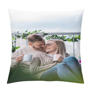 Personality  Selective Focus Of Happy Man And Smiling Woman Holding Cups Of Tea And Sitting On Outdoor Sofa  Pillow Covers