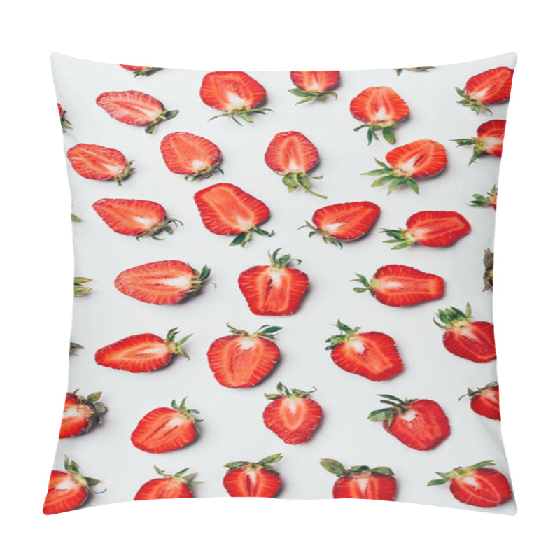 Personality  pattern with delicious fresh healthy halved strawberries on white pillow covers