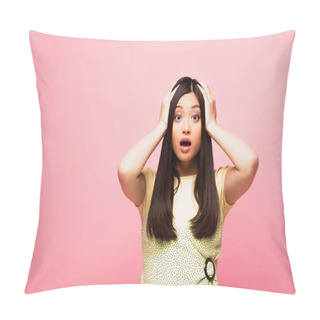 Personality  Shocked Asian Girl Touching Head And Looking At Camera Isolated On Pink  Pillow Covers
