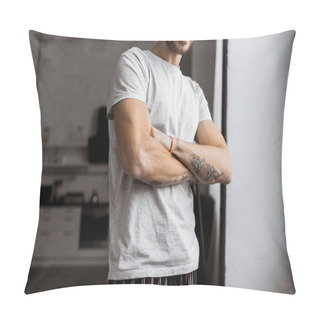 Personality  Cropped Shot Of Handsome Young Man With Crossed Arms In Pajamas Standing At Home Pillow Covers
