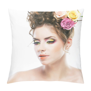 Personality  Beautiful Female Face With Beauty Spot And Flowers In Her Head Pillow Covers
