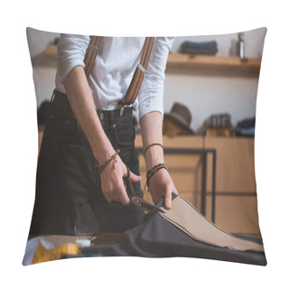 Personality  Cropped Shot Of Male Fashion Designer Working With Scissors, Sewing Patterns And Fabric  Pillow Covers
