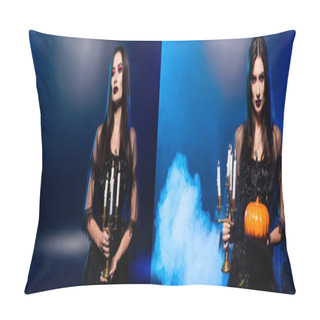 Personality  Collage Of Woman With Black Makeup Holding Pumpkin And Candles On Blue With Smoke, Halloween Concept Pillow Covers