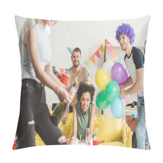 Personality  Cheerful Young People Looking At Woman Opening Champagne At Birthday Party Pillow Covers