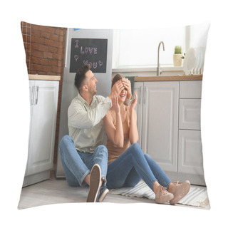 Personality  Happy Couple Sitting On Floor Near Refrigerator In Kitchen Pillow Covers