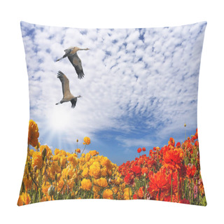 Personality  Birds And Field Of Bright Flowers Pillow Covers