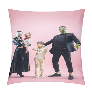 Personality  Halloween Family. Happy Father, Mother And Children Girls In Halloween Costume And Makeup Pillow Covers