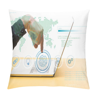 Personality  Cropped View Of Hacker Pointing With Finger At Laptop Near Web Icons On White, Cyber Security Concept   Pillow Covers