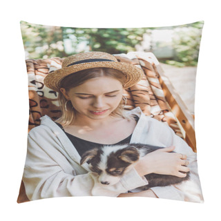 Personality  Smiling Blonde Girl In Straw Hat Holding Puppy While Sitting In Deck Chair In Garden Pillow Covers