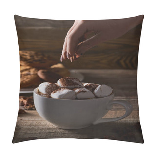 Personality  Cropped View Of Woman Sprinkling Cacao Powder On Marshmallow In Cup On Wooden Table With Anise Pillow Covers
