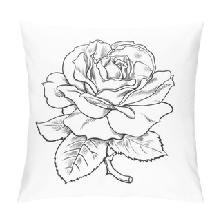 Personality  Black And White Rose Flower With Leaves And Stem. Vector Illustration Of Open Rose Bud. Hand Drawn Sketch. Pillow Covers