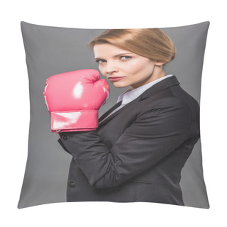 Personality  Beautiful Businesswoman In Suit And Pink Boxing Gloves, Isolated On Grey Pillow Covers