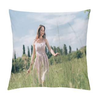 Personality  Young Pensive Woman In Stylish Dress With Long Hair Walking In Meadow Alone Pillow Covers