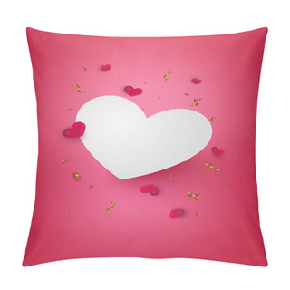 Personality  Little Red Hearts And Big White Heart With Gold Ribbons Confetti With Copy Space On Pink Background. Valentines Day Background. Love Concept. Pillow Covers