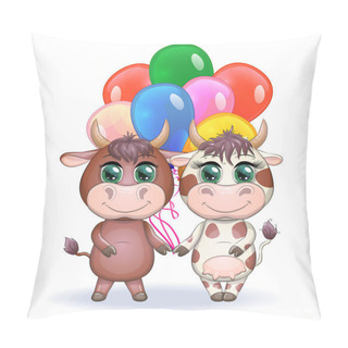 Personality  Cute Cartoon Couple Cow And Bull With Balloons, Holiday, With Beautiful Big Eyes. Symbol Of The Year 2021 According To The Chinese Calendar. Children's Illustration Pillow Covers