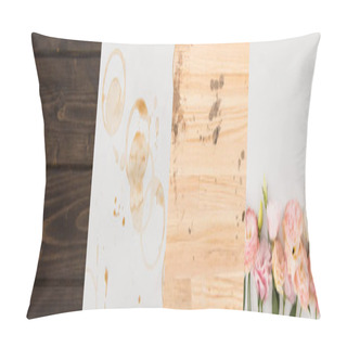 Personality  Collage Of Wooden Backgrounds, Coffee Stains And Pink Flowers  Pillow Covers