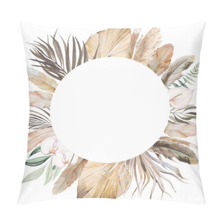 Personality  Watercolor Bohemian Circle Frame With Feathers, Tropical Flowers, Dried Palm Leaves And Pampas Grass Illustration, Copy Space. Element For Wedding Design Pillow Covers