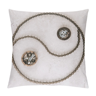 Personality  Top View Of Aged Metal Gears And Screws Arranged In Taijitu Symbol On Grey Background Pillow Covers