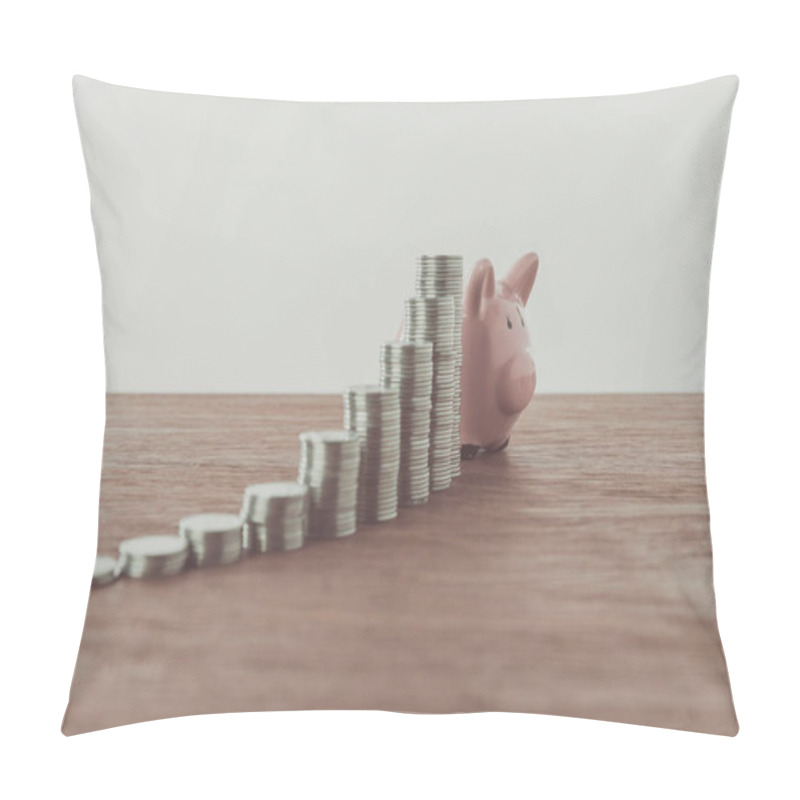 Personality  Stacks Of Coins And Piggy Bank On Wooden Table, Saving Concept Pillow Covers