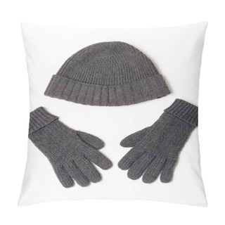 Personality  On A White Background There Are Winter Cap And Gloves Of Gray Color. Pillow Covers