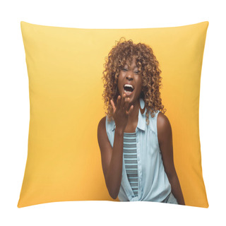 Personality  Happy African American Woman Laughing On Yellow Background Pillow Covers