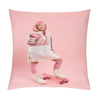 Personality  Happy Woman In Pink Stylish Outfit Posing With Cup Of Coffee And Skateboard On Vibrant Background Pillow Covers