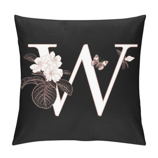 Personality  Letter W, Flowers Flowering Sakura Branches And Butterfly Isolated. Vector Decoration. Black, White And Gold. Vintage Illustration. Floral Pattern For Greetings, Wedding Invitations, Text Design. Pillow Covers