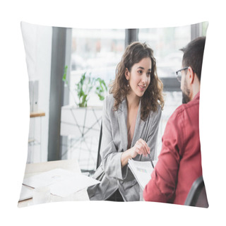 Personality  Selective Focus Of Smiling Account Manager Pointing At Papers And Talking With Colleague  Pillow Covers