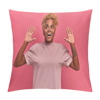 Personality  Happy Smiling Young African American Girl Rejoices Raising Her Hands Up Pillow Covers